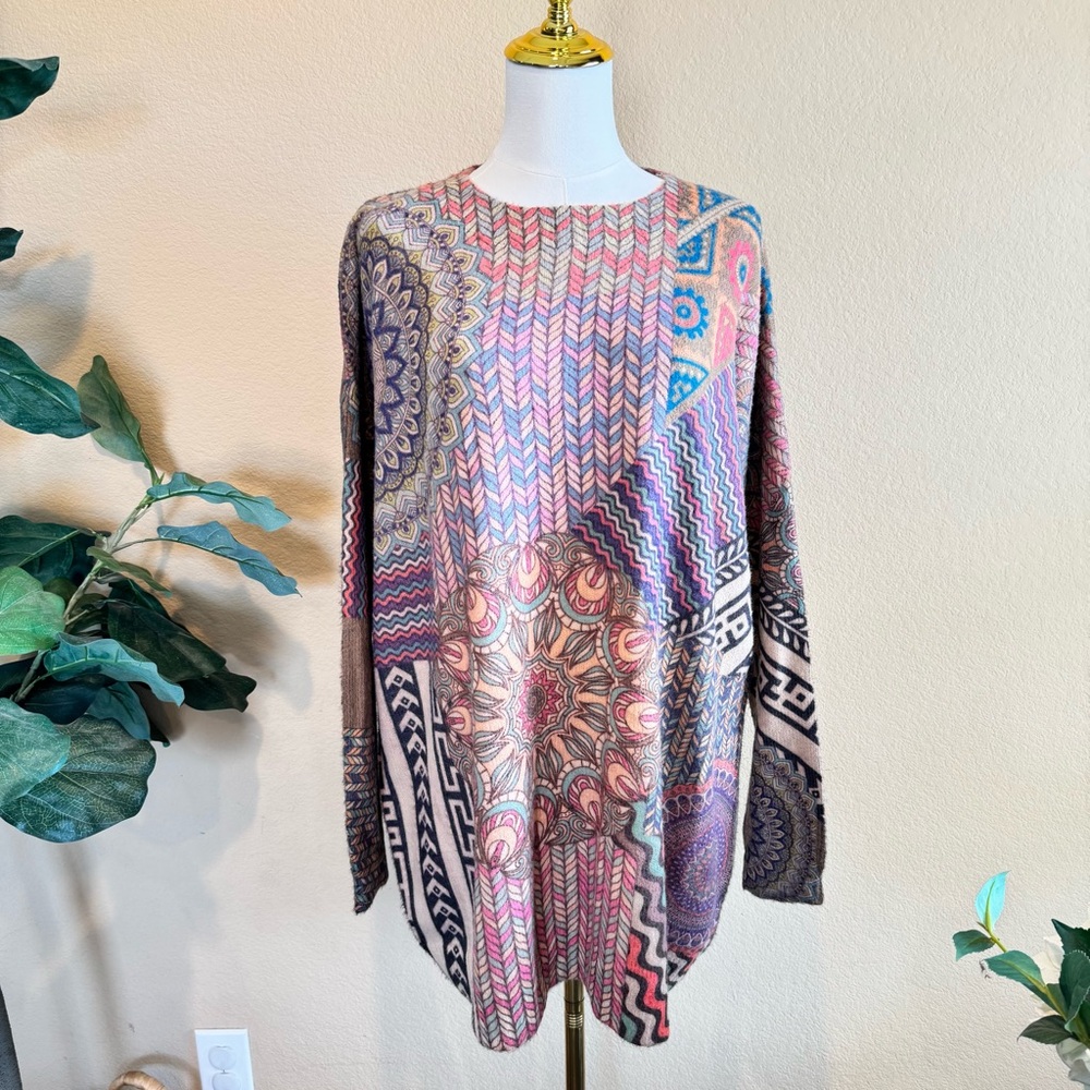 Gorgeous Geometric Print Boho Cotton/Wool Tunic Sweater Women’s XL Floral Soft
